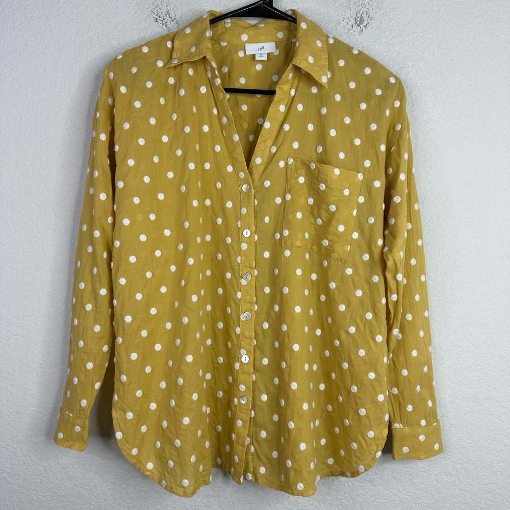 J.Jill Shirt Womens Petite XS Yellow‎ Polka Dot Boucle Button Long Sleeve Boho